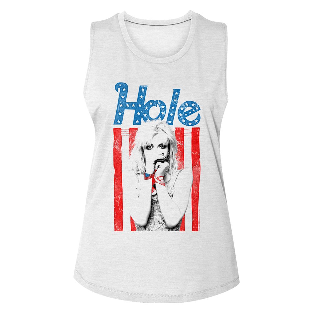 Hole White Ladies Slub Sleeveless Crew Neck Tee