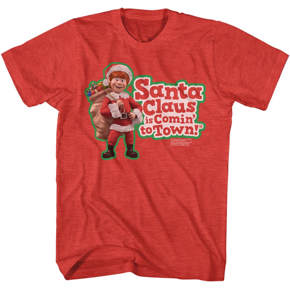 Santa Claus Is Coming To Town Red Heather Adult Short Sleeve Tshirt