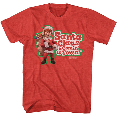 Santa Claus Is Coming To Town Red Heather Adult Short Sleeve Tshirt