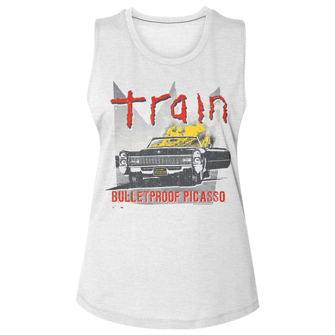 Train White Ladies Slub Sleeveless Crew Neck Tee
